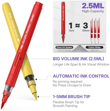 WUO 72 Colors Acrylic Paint Markers Brush Tip with Automatic Ink Control