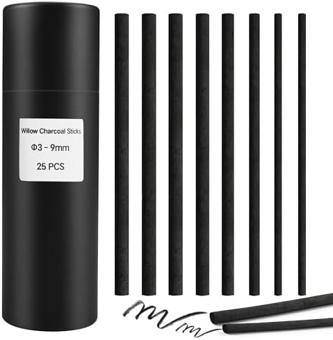 Willow Charcoal Sticks, Natural Willow Charcoal Pencils for Artists, Beginners, Students, Great for Sketching, Drawing, and Shading, Pack of 25 (3-9, Millimeters)