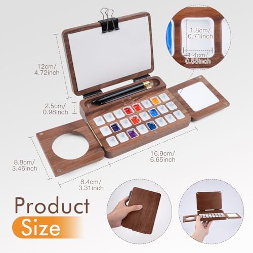 Fuumuui Travel Watercolor Palette 24 Grids Foldable with 2pcs Sable Travel Watercolor Brushes, Portable Walnut Wood Palette Box for Plein Air Painting