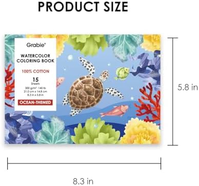 Grabie Watercolor Coloring Book, 15 A5 Cotton Sheets, Ocean Themed
