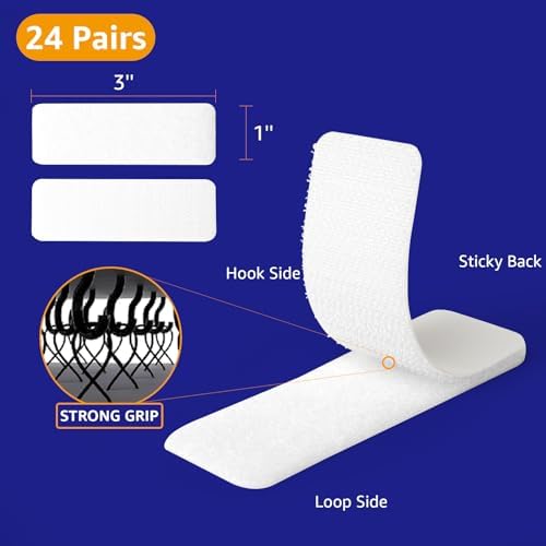 24 Sets 1 x 3 inch Adhesive Hook and Loop Fastener Strips, Heavy Duty, Strong Back Adhesive, Double-Sided Hook and Loop for School, Classroom, Office, and Home Use, White