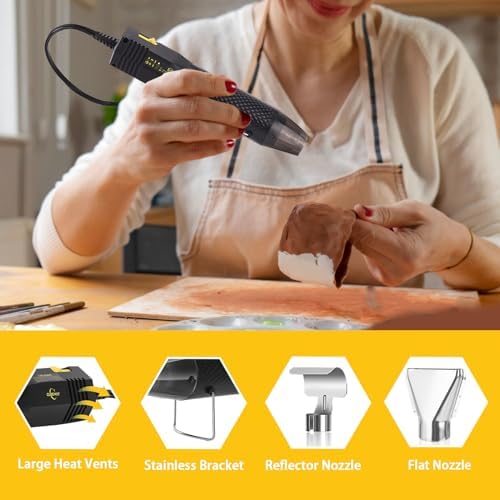 350W Heat Gun 2-Temp 392°F/662°F Hot Air Gun for Crafts & Shrink Tubing | 1.5s Fast Heat, Overheat Protection, UL Cord, 6.56ft Cable with Stand, 2 Nozzles for Resin, Epoxy & DIY Projects