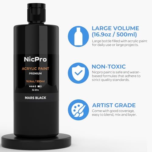 Nicpro Black Large Acrylic Paint (16.9oz, 500ml), Rich Pigments, Non Toxic | Craft Paint for Multi Surface, Canvas, Wood, Leather, Ceramic, Fabric, Stone - Art Painting Supplies for Kids & Adults