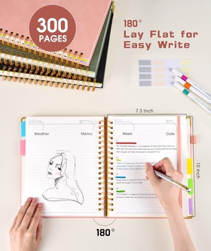 Hardcover Spiral Notebook journal with Removable Dividers Tabs, 300 Pages Leather 5 Subject Notebook College Ruled, 8"x10" Large B5 Notebooks for Work School Note taking, Lined Journal for Women,Pink