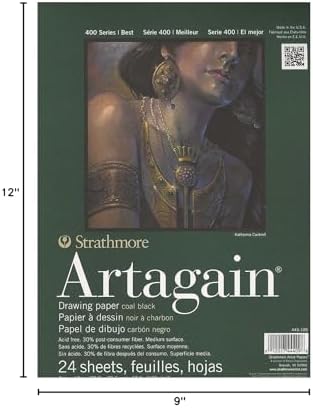 Strathmore 400 Series Artagain Pad, Coal Black Paper, Glue Bound, 9x12 inches, 24 Sheets - Artist Paper for for Adults and Students, Pastel & Charcoal