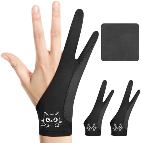 Cute Kitty Drawing Glove: 3-Layer Palm Rejection for iPad & Drawing Tablet | Smooth-Glide & Breathable Artist Glove for Digital Art, Two-Finger Design, Fits Left & Right Hand, 2-Pack + Cleaning Cloth