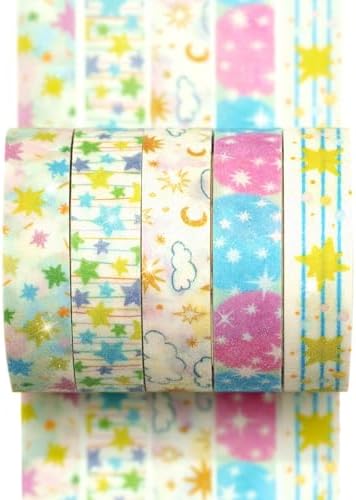 Cute Pattern Washi Tape Set 5 Rolls Glitter Cover Decorative Wide Kawaii Masking Tapes for Arts, DIY Crafts, Journals, Planners, Scrapbook, Wrapping (2 Star Sparkle)