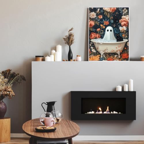 RYMILIE Halloween Diamond Art Kits for Adults Bathtub Ghost 12x16inch | 5D Flowers Diamond Painting Kit for Beginners, DIY Full Round Drill Black Cat Gem Art Crafts for Home Wall Decor Gift