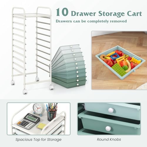 Storage Cart, Rolling Utility Cart with 10 Drawers, Portable Handles & Lockable Wheels, Mobile Paper Toys Storage Organizer Large Capacity for Home Office School Teacher (Gradient Green)