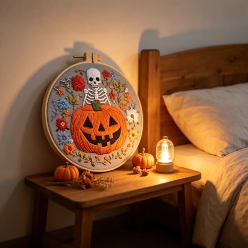 4 Sets Embroidery Kit for Adults, Skull Pumpkin Embroidery Practice Kit