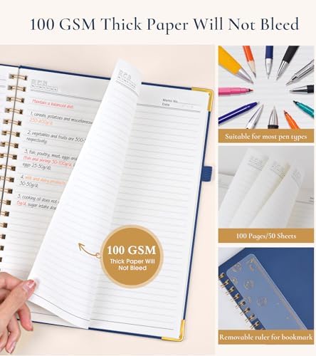 Hardcover Spiral Notebook Journal 8.5” x 11”, A4 Large Leather Notebooks for Women Men, Lined College Ruled Notebook, 100 GSM Paper, Spiral Bound Journals for Work School Note Taking Business, Navy