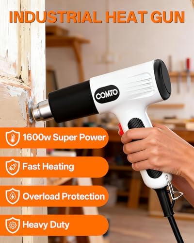 Heat Gun, 1600W Hot Air Gun with 2 Heat Settings, White | 752°F/1112°F Dual Heat Control, 4 Metal Nozzles, Overheat Protection, PA66 Housing, 1.1lb Lightweight Design, Non-Slip Grip