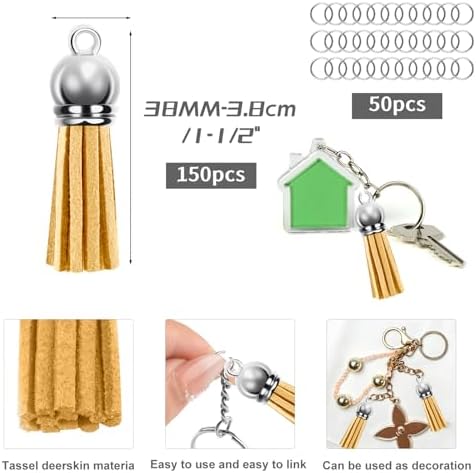 Tassels for Jewelry Making 150 Pieces Beige Leather Tassels Bulk 38mm Silver Cap Keychain Charms with 50pcs Jump Rings for DIY Jewelry Keychain Blanks Bracelet Crafting Supplies