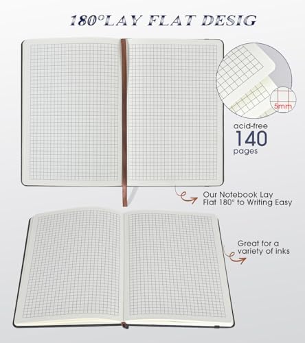Biuwory A5 Hardcover Graph Paper Notebook, Grid Leather Journal for Writing | 140 Quad Ruled Grid Pages Vintage Diary, 5.7"×8.3" Travel Notebook for Work, School, Women & Men