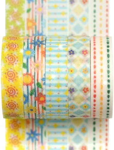 Cute Pattern Washi Tape Set 5 Rolls Glitter Cover Decorative Wide Kawaii Masking Tapes for Arts, DIY Crafts, Journals, Planners, Scrapbook, Wrapping (8 Retro Pop)