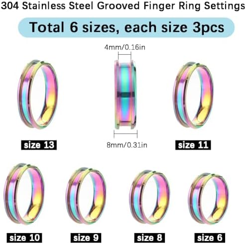 SUNNYCLUE 1 Box 18Pcs Ring Cores Inlay Ring Blanks Stainless Steel Rainbow Color Grooved US Size 7/8/9/10/11/12 Round Empty Jewelry Findings for Jewelry Making Kits Men Women
