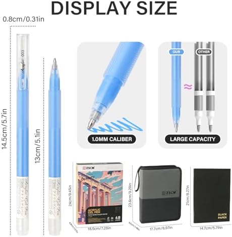 ZSCM 48 Colors 3D Acrylic Gel Pens & Black Paper Sketchbook for Drawing