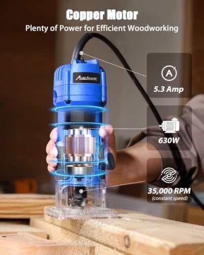 AVID POWER 630W 5.3 Amp Wood Router Tool with Fixed Base Compact Router for Woodworking, 35,000 RPM, 1/4” collet & 5 Trim Bits, Straight & Roller Guide, 2 Wrenches and Carbon Brushes - Blue