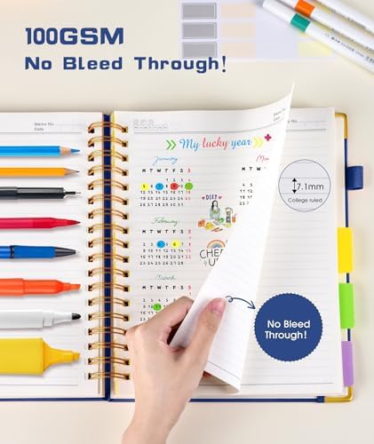 Hardcover Spiral Notebook 8.5"x11" Journal with Removable Dividers Tabs, 300 Pages Leather 5 Subject Notebook College Ruled, Large A4 Notebooks for Work School, Lined Journal for Women, A4 Navy