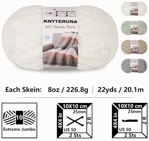 Chunky Yarn for Hand Knitting, #10 Chunky Blanket Chenille Yarn, Bulky Thick Jumbo Yarn, Super Chunky Knit Yarn for Crocheting, 8 Skein (8 oz 22 yds Each Skein), Cream&Sage&Khaki&Light Grey