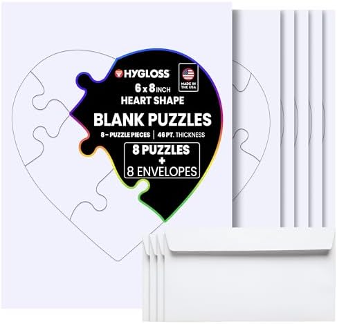 Hygloss 8 Blank Heart Puzzles with Envelopes – 6 x 8 Inches – Ideal for Valentine’s Day Crafts – Write, Draw, and Decorate – 8 Pieces Each