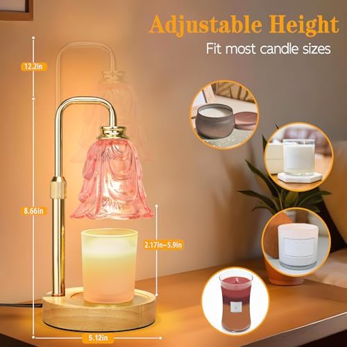 XJZJY Pink Flower Candle Warmer Lamp with Timer, Birthday Gifts for Women | Dimmable wax melt warmer with 2 bulbs for jar candles, height adjustable, pink tulip design, home decor, housewarming gifts