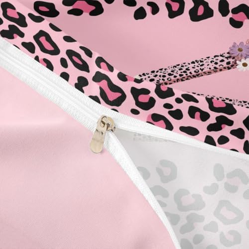 Erosebridal Pink Leopard Duvet Cover Full Size Floral Leopard Pencil Bedding Set for Kids Boys Girls Pink Educator Artwork Comforter Cover Boho Aesthetic Bedclothes Room Decor