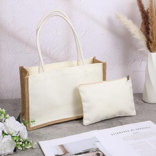 4 Sets Burlap Tote Bag, Jute Tote Bag with Canvas Makeup Pouch Reusable DIY Craft Blank Gift Bags for Wedding Bridesmaid, Shopping, Pool, Wedding (Beige)