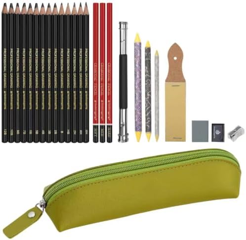 Heshengping 26 Pack Sketching Pencils Set with Light Green Pencil Case Premium Graphite Drawing Pencils Kit with Charcoal, Blending Stumps, Erasers, Ideal Art Supplies Gift for Artists, Beginners