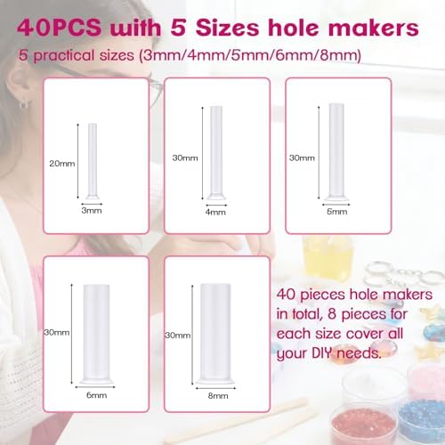 40PCS Hole Maker for Resin , 5 Sizes(3/4/5/6/8mm) Make Holes Without Drilling for Epoxy & UV Resin, Holes Tools for Jewelry Making, Pet Tag, Keychain, DIY Craft Pendant Decor