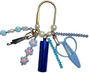 MEYAGO Needlepoint Bag Charm Tool Kit with Mini Embroidery Scissors, Needle Threader, Needle Holder Tube & Gold Keyring, Portable Embroidery Accessories for Cross Stitch Sewing DIY Crafts (Blue)