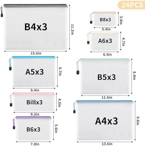 EOOUT 24pcs Mesh Zipper Pouch, Waterproof Zipper Bags, 8 Sizes Plastic Travel Pouch, 8 Colors, Multipurpose for Office Supplies and Travel Storage