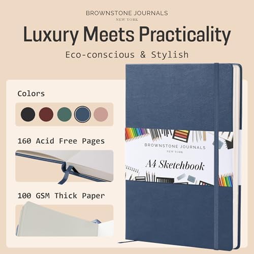 BROWNSTONE JOURNALS A4 Sketch Book Hardcover - 80 Sheets 100 GSM Paper | 8.5" x 11.5", Lay Flat, Vegan Leather Hardcover, Elastic Band, Back Pocket, Art Drawing Book for Adults & Students