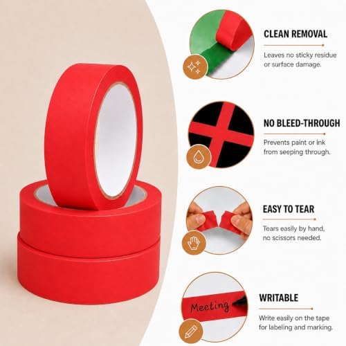 Red Painters Tape 1 Inch Wide, 25 Yards x 3 Rolls Masking Tape