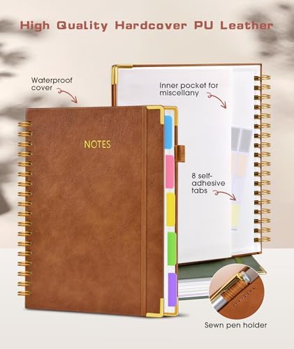 Hardcover Spiral Notebook Journal with Removable Dividers Tabs, 300 Pages Leather 5 Subject Notebook College Ruled, 8"x10" Large B5 Notebooks for Work School, Lined Journal for Women, Light Brown