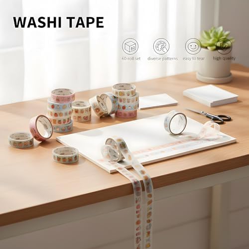 60 Rolls Washi Tape Set, 15mm Wide Cute Sytle Washi Stickers, for Junk Journal Scrapbook Tape, Bullet Journaling Scrapbooking Supplies, Planner Sticker DIY Craft DéCor