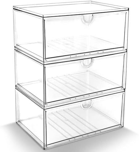 Prsildan Acrylic Makeup Organizer, 3 Pack Stackable Clear Storage Drawers for Baby Bottles Desk Organizers with 3 Drawers for Countertop Vanity Nursery Modular System for Cosmetics Jewelry