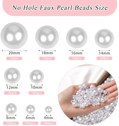 2200PCS Pearls for Crafting, White No Hole Beads for Centerpieces Vases, 9 Sizes Bulk Fake Pearls Beads for Vase Filler, Candles Centerpiece, DIY Crafts, Jewelry Making (4/6/8/10/12/14/16/18/20mm)