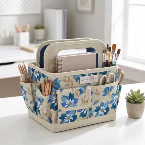 Everything Mary Desktop Tote Organizer – Tan Floral Craft Bag – Portable Storage for Art Supplies, Sewing, Scrapbooking, DIY Tools & Creative Project Organization