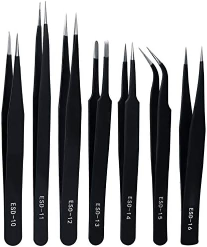 ZHIYE Precision ESD Anti-Static Tweezers, 7 pcs Stainless Steel Tweezers Set for Electronics, Jewelry-making, Laboratory Work, Repairing, Hobbies