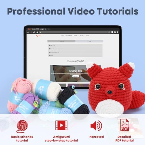 Crochet Kit for Beginners - Fox Crochet Kit, Learn to Crochet, All You Need in, Step-by-Step Video Tutorial, Instruction, Soft Yarn, Holiday, Birthday Gift for Adults, Teens