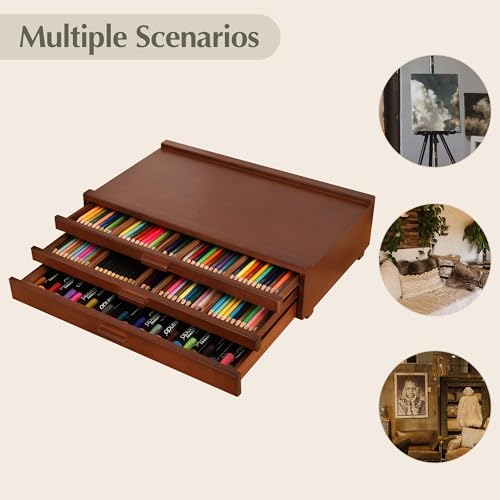 VISWIN Upgraded 3-Drawer Wood Artist Supply Storage Box with Removable Dividers, Premium Beech Wood Art Storage Box, Portable Organizer Box for Paints, Pastels, Pencils, Brushes and Art Supplies