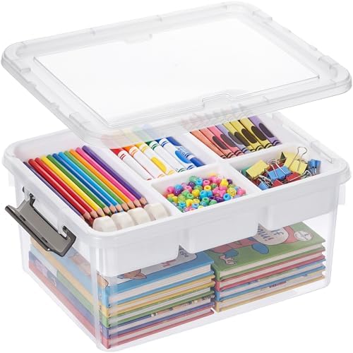 17 Qt Craft Organizers and Storage with Removable Tray and Divider, Clear Craft Storage Box, Stackable Art Supply Organizer for Painting, Coloring Book & Playdoh Storage, 1 Pack