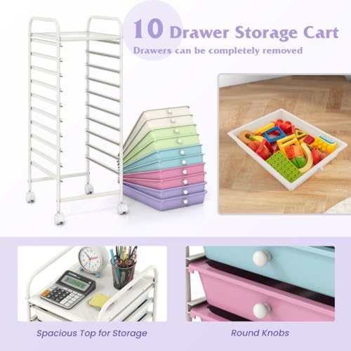 COSTWAY 10-Drawer Rolling Storage Cart, Ice Cream Colorful