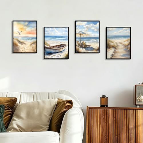 4 Pack Paint by Numbers Kit for Adults with Frame, Beach DIY Painting Kit