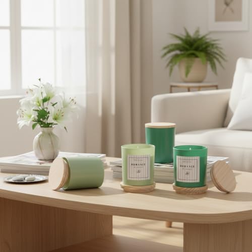 12Pcs Assorted Green Candle Jars for Making Candles, 10oz Empty Jars with Bamboo Lids and Labels, Glass Candle Jars for Candle Making Supplies, Candle Containers for DIY Gifts