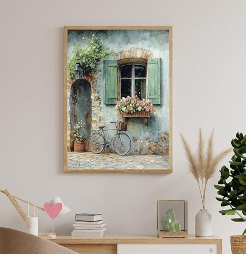 Accompany Wind Diamond Painting Kits for Adults, Windows Bicycle Flower Diamond Art Kits for Beginners,5D Round Full Drill Diamonds Gem Art Crafts for Home Wall Decor Gifts 12x16 Inch