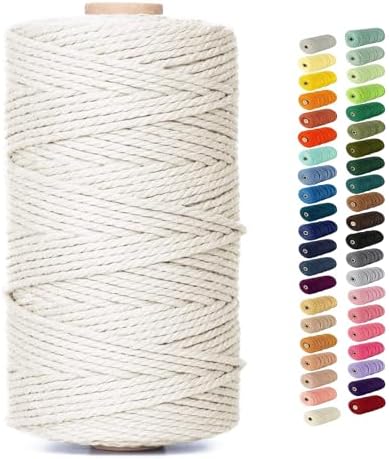 Natural Macrame Cord Colored Macrame Cord 2mm/3mm/4mm/5mm/6mm Macrame Cotton Cord, Twisted Macrame Yarn, Soft Craft Cord Macrame Rope Macrame Supplies(3mm*109Yards,Natural Color)