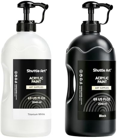 Shuttle Art Titanium White & Black Acrylic Paint Set, 2×69oz/2040ml Large Capacity Pump Bottles with Covers, High Coverage, Fast Drying Non-Toxic Art Paint for Artists, Students, Kids & DIY Crafts