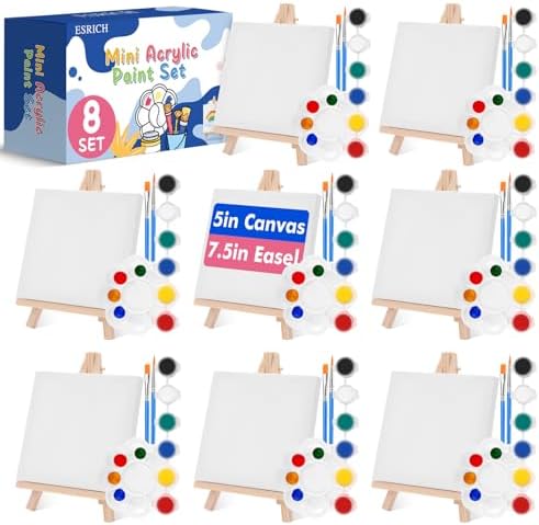 ESRICH 8 Set Mini Acrylic Paint Kit, 5in Mini Canvas with 7.5in Easel